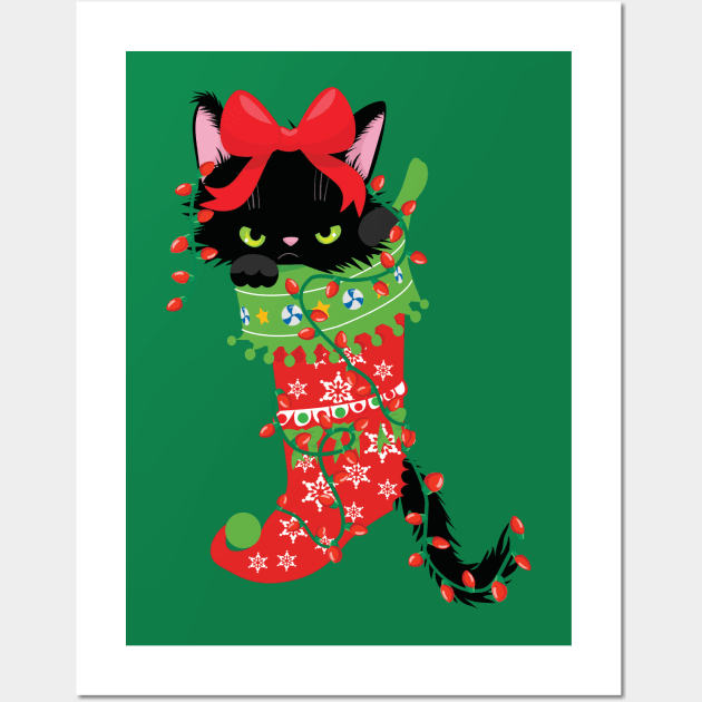 Grumpy And Annoyed Cats In Christmas Sock Xmas Lights Funny Wall Art by alcoshirts